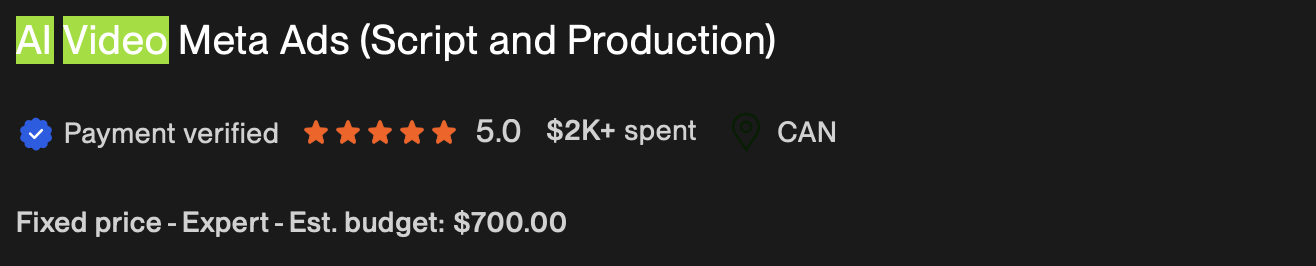 Вакансия на Upwork: AI Video Meta Ads, Script and Production, бюджет $700