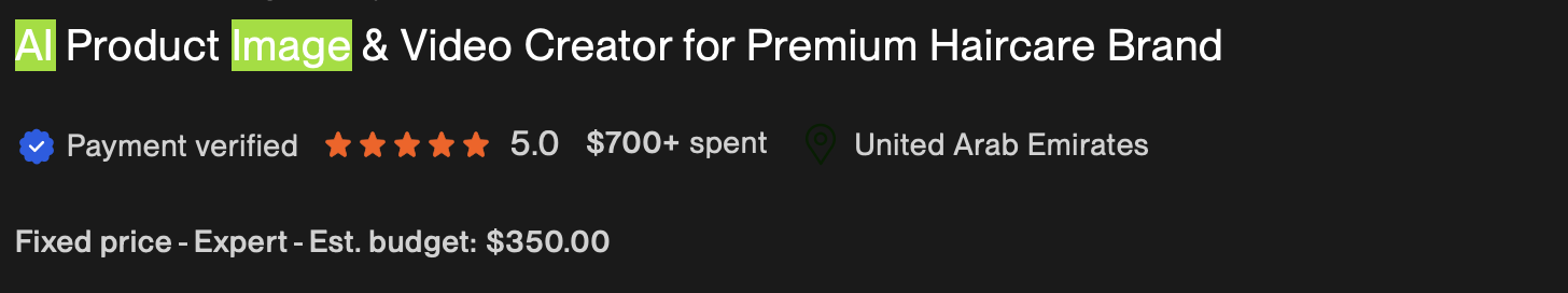 Вакансия на Upwork: AI Product Image and Video Creator для premium haircare бренда, бюджет $350